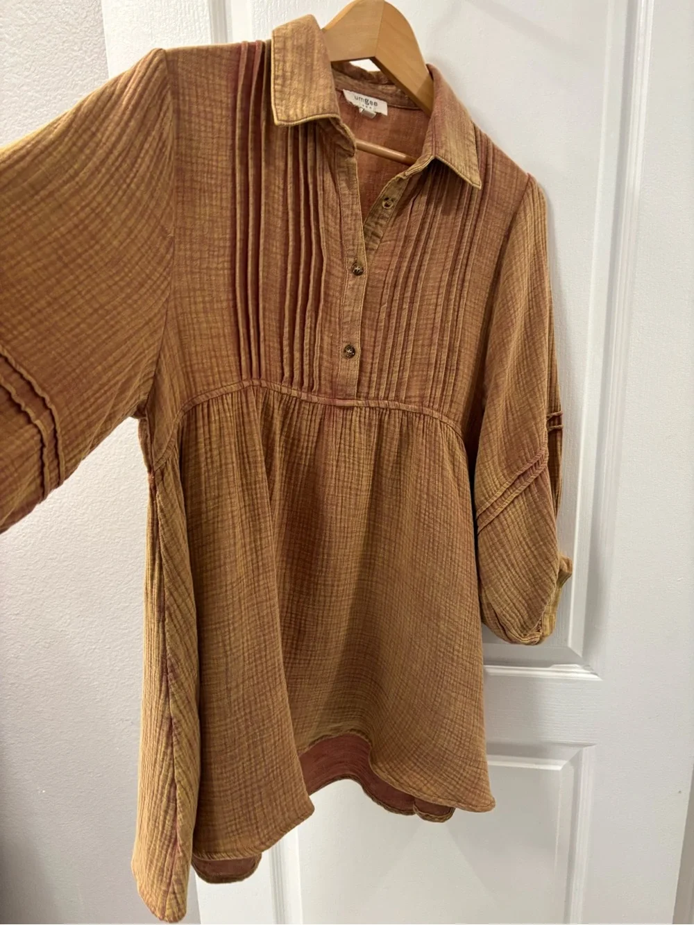 Umgee Mineral Wash Gauze Pintuck Brown Babydoll Tunic size S - Picture 5 of 9